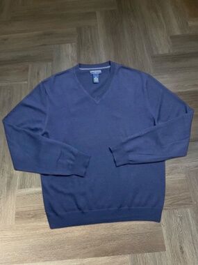 Vintage Joseph & Lyman V Neck Sweater Mens XL Navy Blue 100% Merino Wool Italian